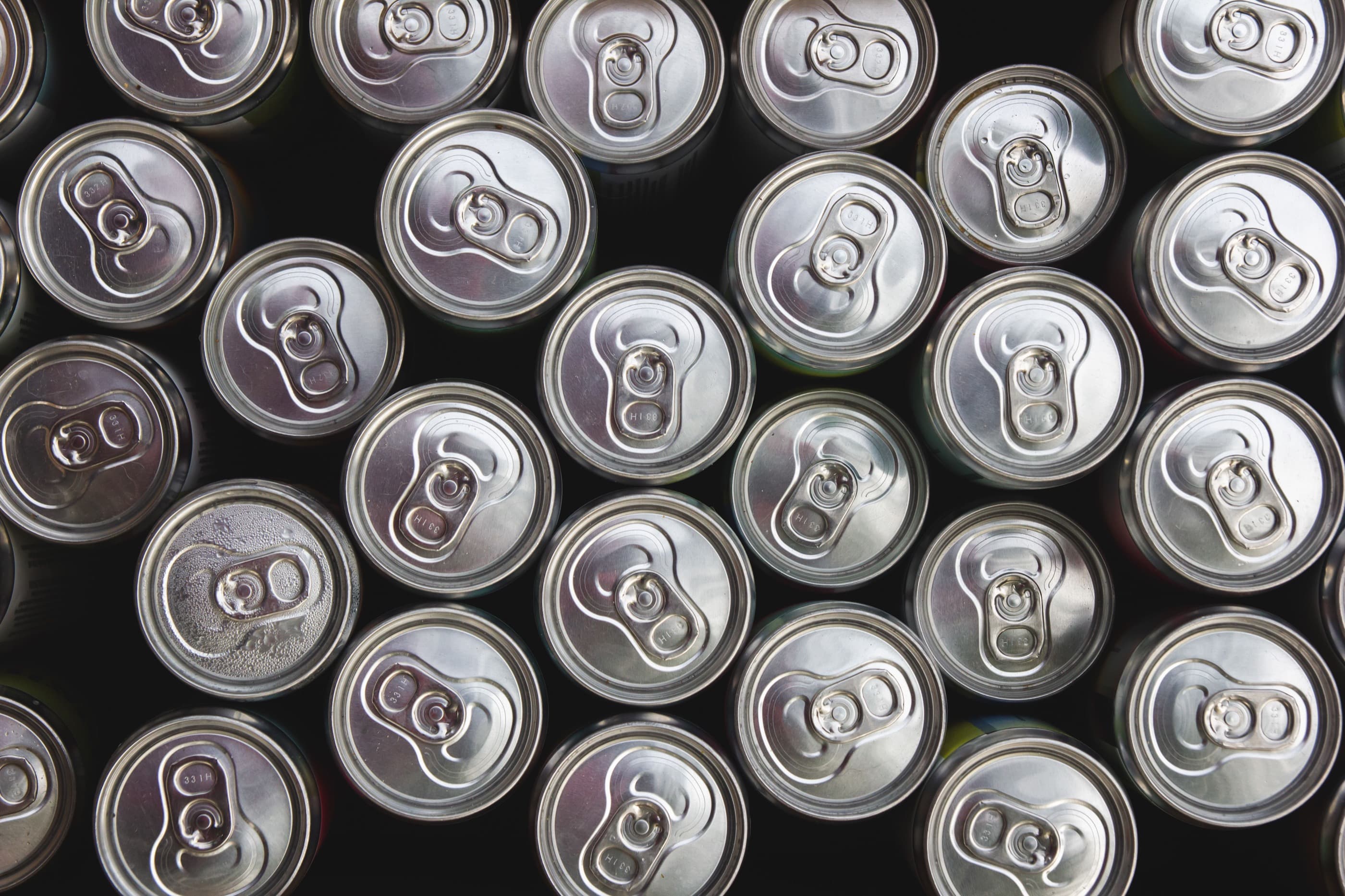 An overhead arrangement of aluminum beverage cans